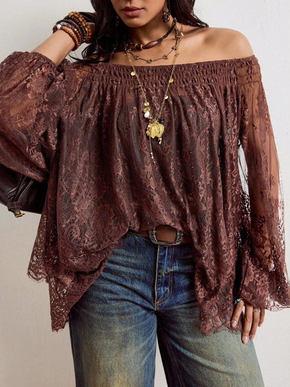 Brown Elegant Women's Ruched Knot Sheer Double Layer Bishop Top - Picture 6 of 8